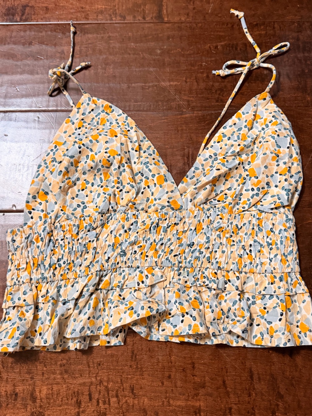 Yellow Floral Smocked Tie-Strap Tank Top